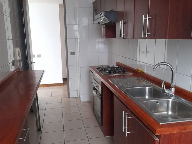 Cocina en línea con muebles de madera oscura, cocina a gas y lavaplatos doble, departamento en Edificio Punta Cavancha, Iquique