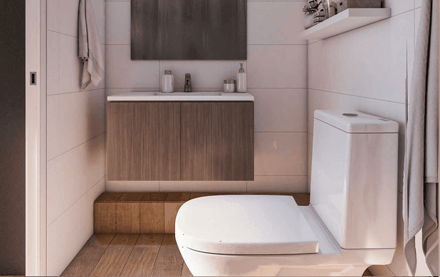 Render de baño con mueble de madera, Edificio Brava, Iquique
