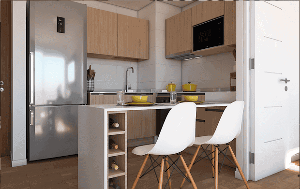 Render de cocina tipo con isla y comedor, Edificio Brava, Iquique