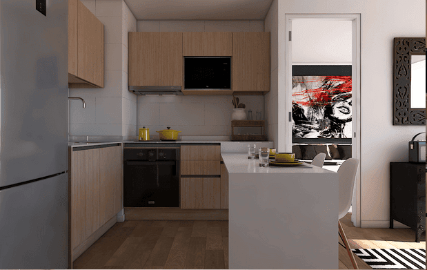 Render de cocina tipo con muebles de madera, Edificio Brava, Iquique