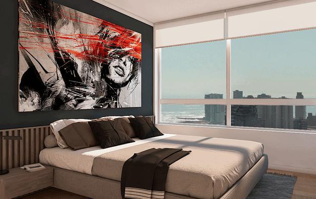 Render de dormitorio con vista a la ciudad y el mar, Edificio Brava, Iquique