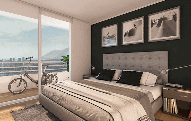 Render de dormitorio con balcón, Edificio Brava, Iquique