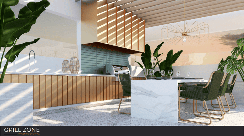 Render de la zona de grill y quincho común (Grill Zone), Edificio Brava, Iquique