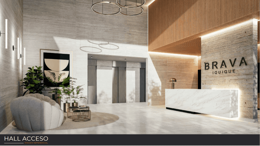 Render del hall de acceso con recepción y ascensores, Edificio Brava, Iquique
