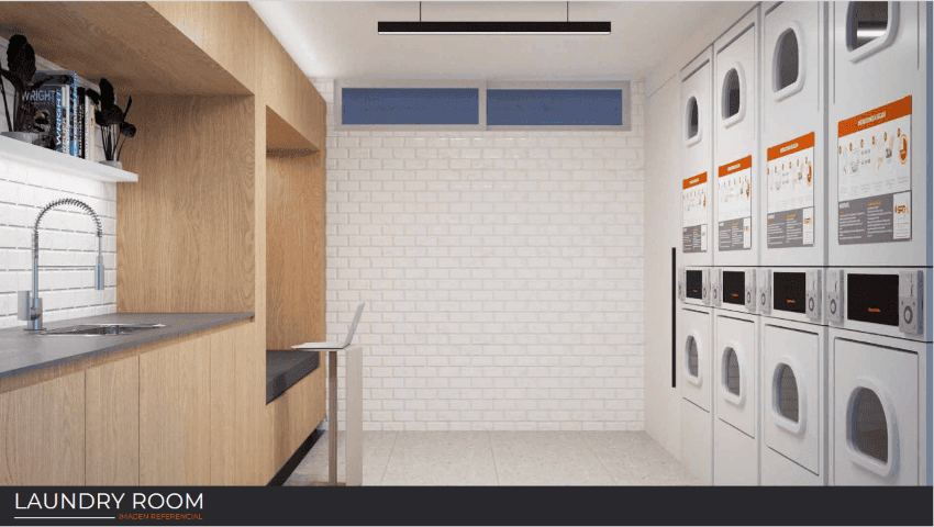 Render de la sala de lavandería común (Laundry Room), Edificio Brava, Iquique