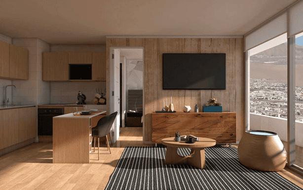 Render de living comedor integrado con cocina, Edificio Brava, Iquique