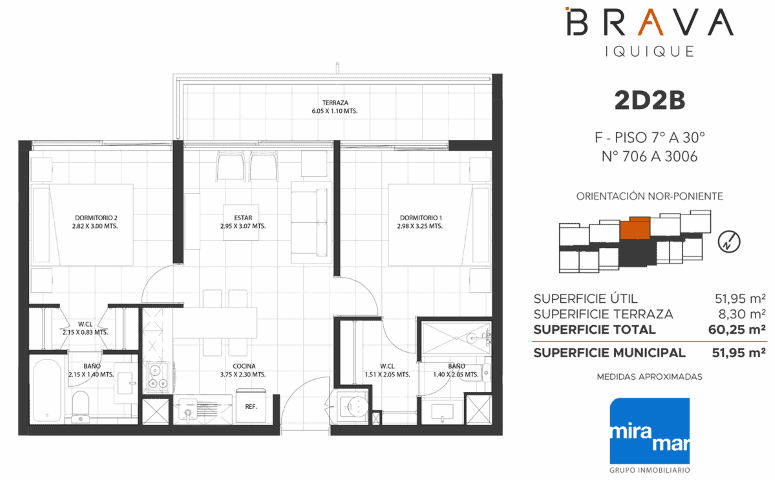 Plano de planta del departamento 2D2B, piso 7 a 30, Edificio Brava, Iquique