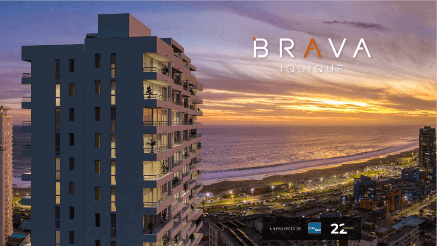 Render nocturno del Edificio Brava con vista al atardecer y la playa, Iquique
