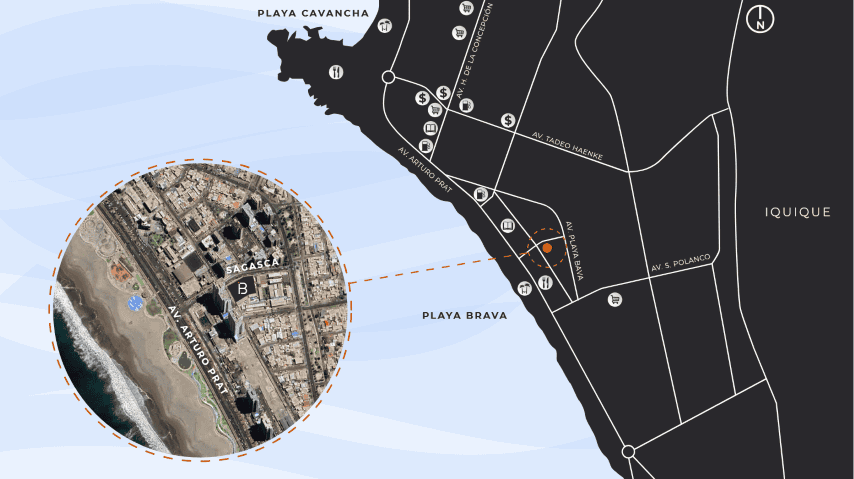 Mapa de ubicación del Edificio Brava, entre Playa Cavancha y Playa Brava, Iquique