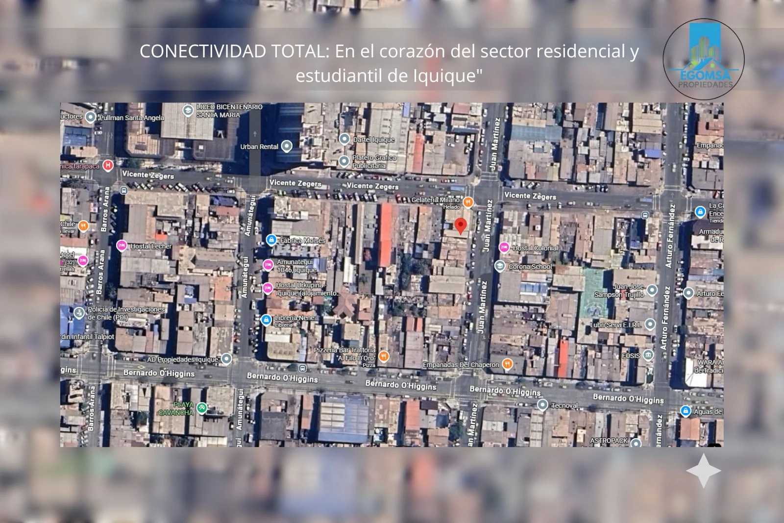 Mapa de ubicación mostrando la conectividad del sector residencial y estudiantil, calle Juan Martínez, Iquique