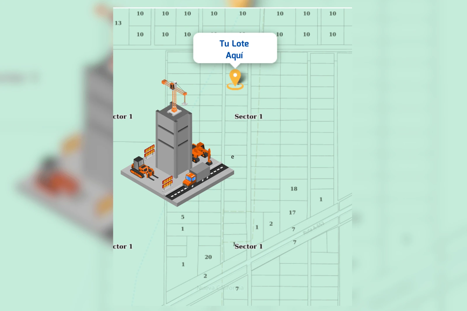 Plano ilustrativo del loteo industrial con la ubicación del lote, sector Nueva California, Pozo Almonte