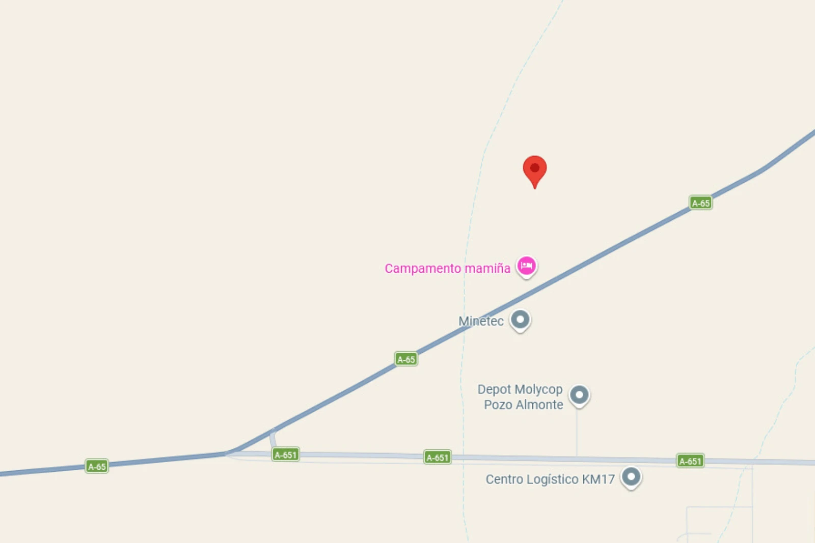 Mapa de ubicación del terreno industrial en la Ruta A-65, sector Nueva California, Pozo Almonte