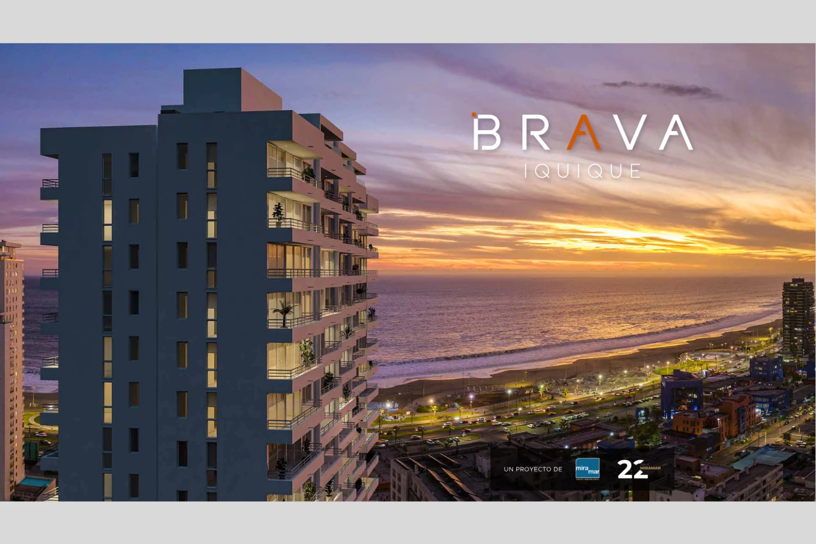 Render del Edificio Brava con vista a la playa al atardecer, proyecto de Inmobiliaria Miramar, Iquique