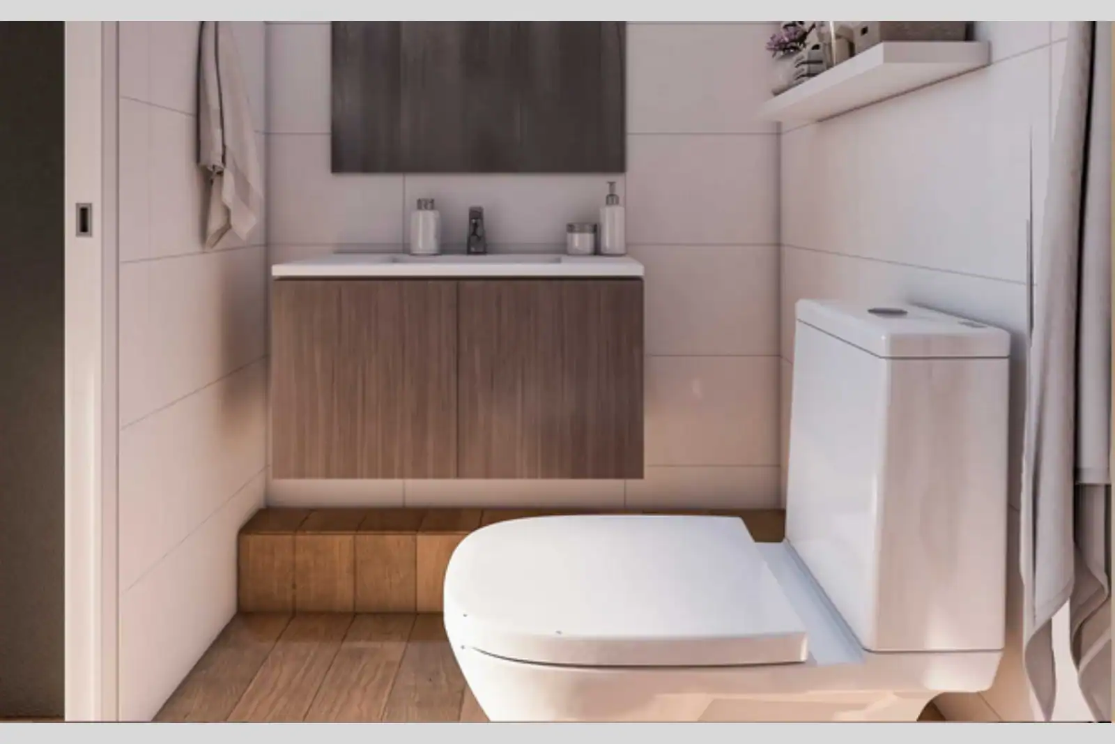 Render referencial del baño con mueble de madera, Edificio Brava, Iquique