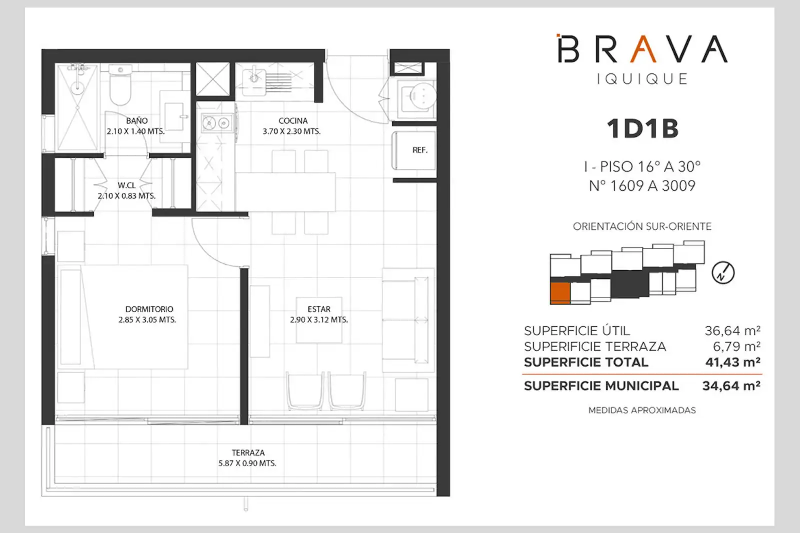 Plano de planta del departamento 1 dormitorio 1 baño, piso 16 a 30, orientación sur-oriente, Edificio Brava, Iquique