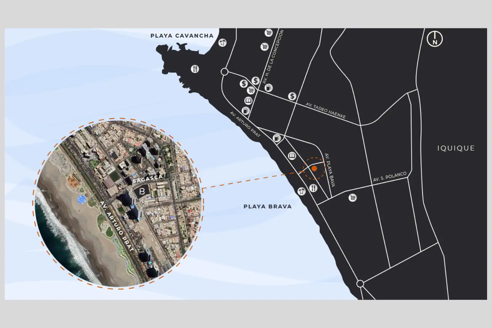 Mapa de ubicación del Edificio Brava entre Playa Cavancha y Playa Brava, sector Sagasca, Iquique