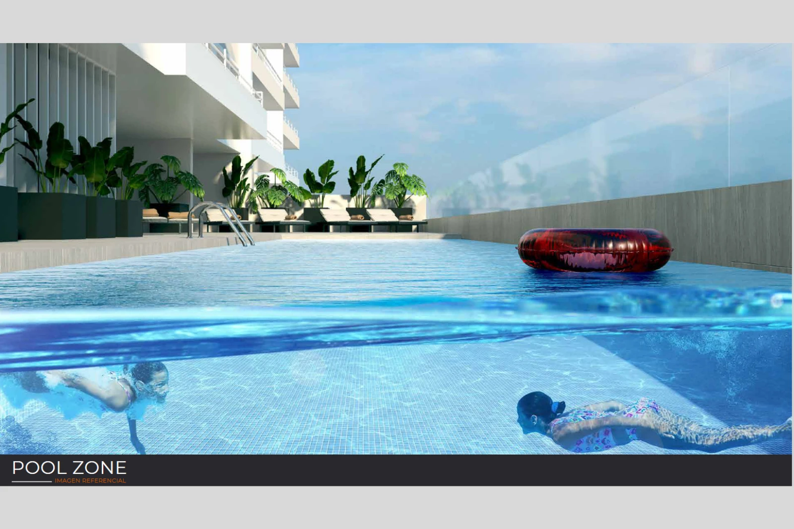 Render referencial de la piscina común del Edificio Brava (Pool Zone), Iquique