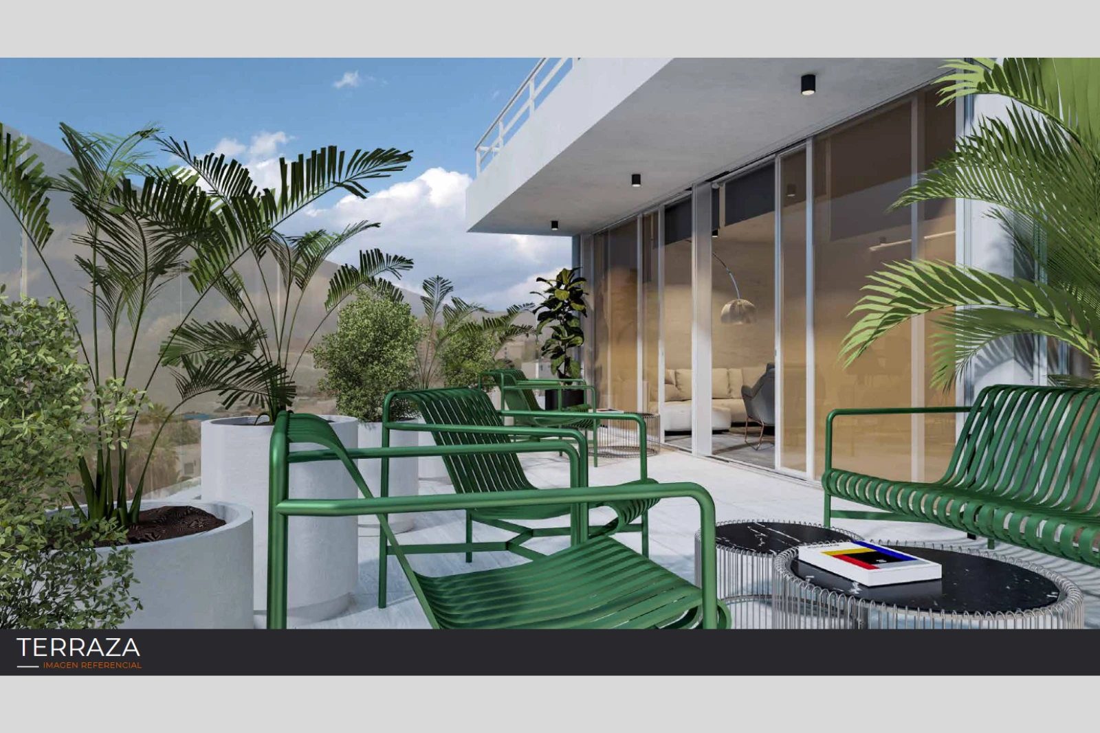 Render referencial de la terraza común con sillones (Terraza), Edificio Brava, Iquique