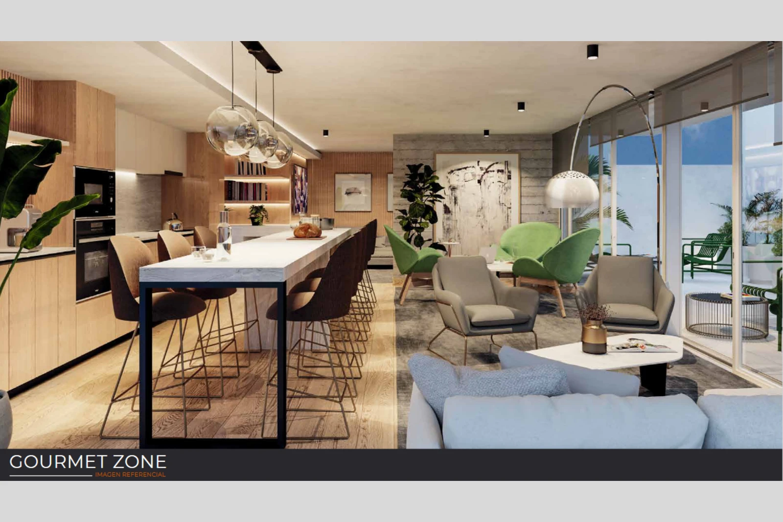 Render referencial de la zona gourmet común (Gourmet Zone), Edificio Brava, Iquique