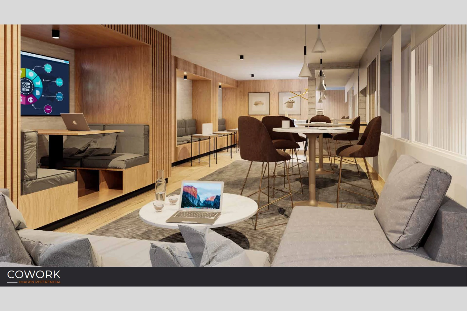 Render referencial del espacio de cowork común, Edificio Brava, Iquique