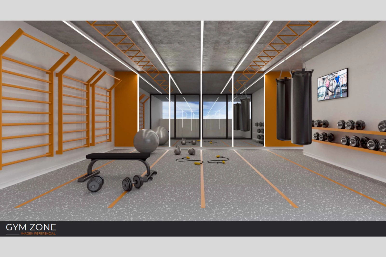 Render referencial del gimnasio común (Gym Zone), Edificio Brava, Iquique