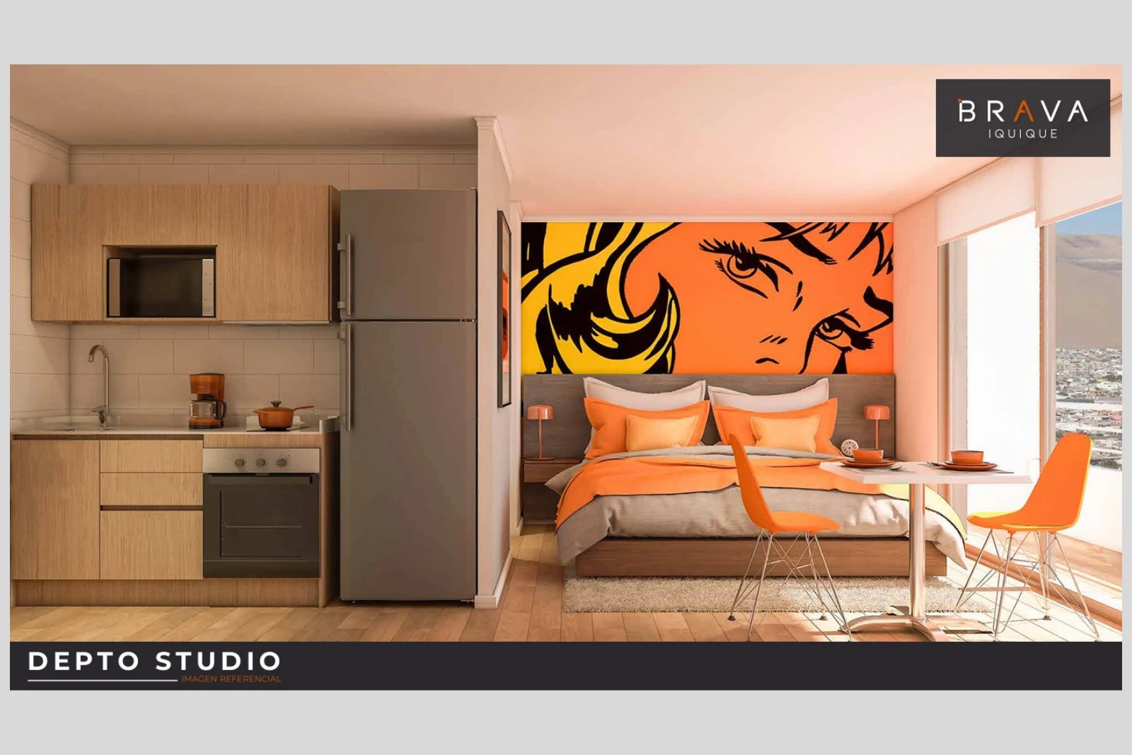 Render referencial de cocina y dormitorio de un departamento studio, Edificio Brava, Iquique