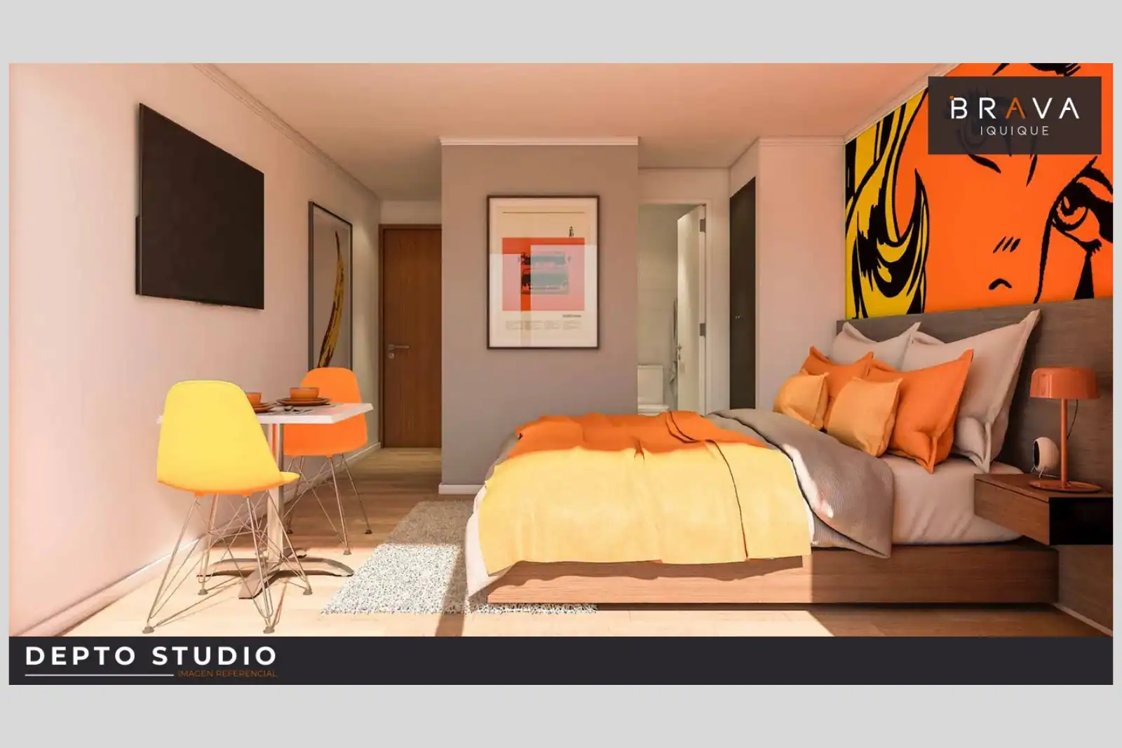 Render referencial del dormitorio y comedor de un departamento studio, Edificio Brava, Iquique