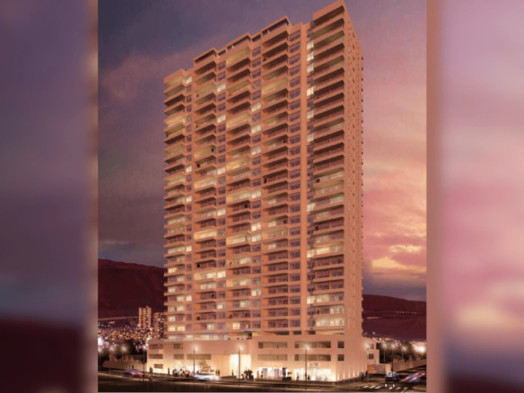 Render nocturno de la fachada del Edificio Brava, Iquique