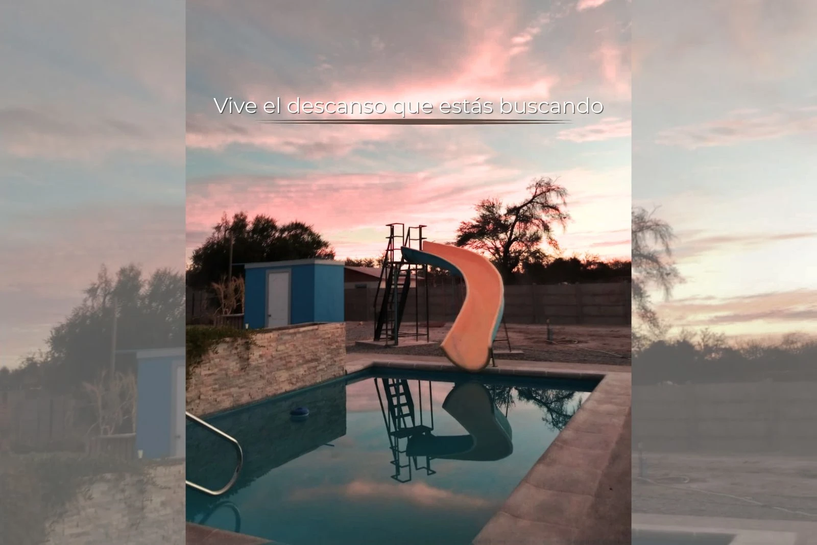 Piscina con tobogán al atardecer, parcela con 3 casas en La Tirana, Pozo Almonte